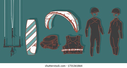 Elementos deportivos de kite surf sobre fondo plano. Objetos aislados. Deportes marítimos. Casco, chaleco salvavidas, tablero, aletas, cometa, traje húmedo, suti seco y tabla.