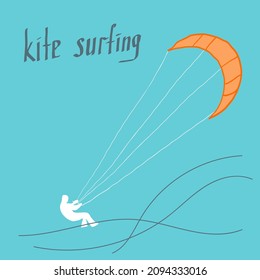 Kitesurfsportelemente auf blauem Hintergrund. Eingeschlossenes Objekt. Mann an Bord. Meerestourismus.  Brett, Drachen, Brett. flache Vektorgrafik mit handgezeichnetem TextKitesurfen.