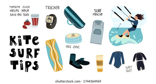 Kite surf tips and some useful recommendations set. Wet suit and SPF skincare like zinc and sunscreen, tomato juice, long poncho for comfort and quick changing of clothes, tracker watch and others