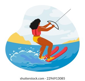 Kite Surfer Female Character Glides Over Waves, Propelled By Wind And Kite. Rider Executes Tricks And Maneuvers While Controlling Kite, Board, And Body Position. Cartoon People Vector Illustration