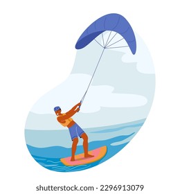 Personaje Masculino De Surfista De Cometas Montando Las Olas, Manejando Con Habilidad Sobre El Agua Con Una Cometa Adherida Al Mazo, Usando La Energía Eólica Para Propalar Y Saltar Por Las Olas. Ilustración de vectores de personas de caricatura