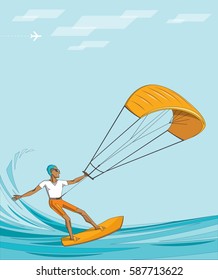 Kite surfer on summer ocean - man in sunglasses on orange waterboard  - vector editable illustration. Extreme sport concept for poster, banner, card.