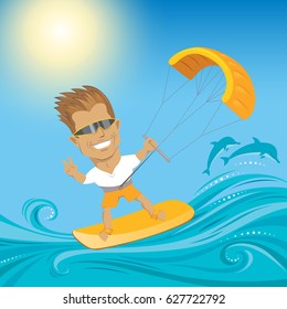 Kite surfer on summer ocean - man in sunglasses on orange waterboard - vector editable illustration. Extreme sport concept for poster, banner, card.