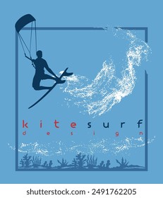 Kite surfer silhouette illustration. Art in composition with lettering.