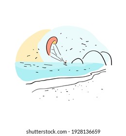 Kite Surfing. Extreme Sports. Hand Drawn Vector Summer Background. Simple Drawing With Beach. Useful For Poster, Card, Banner And Web Design