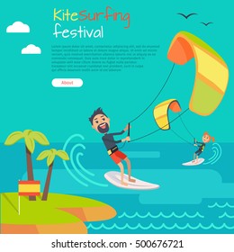 Kite surfing festival. Kitesurfing is style of kiteboarding specific to wave riding, surface water sport combining wakeboarding, windsurfing, surfing, paragliding, skateboarding and gymnastics in one.