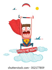 Kite surfing funny superhero trick cartoon. Scared kite boarding superhero cartoon in costume with kite. Caricature kite surfing, vector illustration