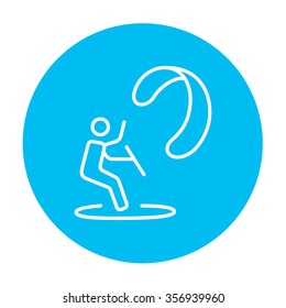Kite surfing line icon for web, mobile and infographics. Vector white icon on the light blue circle isolated on white background.