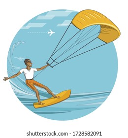 Kite surf. Hombre con gafas de sol, tabla de agua en el mar de verano - ilustración editable vectorial. Concepto deportivo extremo.