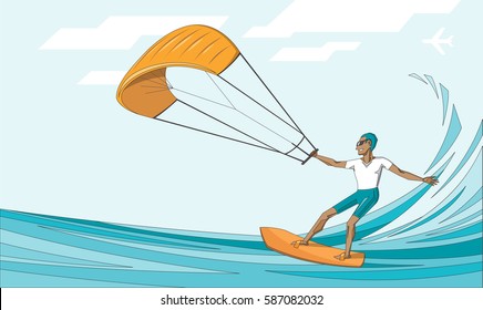 Kite surfing. Man in sunglasses, waterboard on summer sea - vector editable illustration. Extreme sport concept for poster, banner, card. 