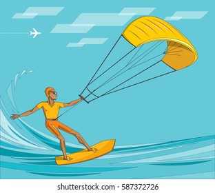 Kite surfing. Man in sunglasses, waterboard on summer sea - vector editable illustration. Extreme sport concept for poster, banner, card. 