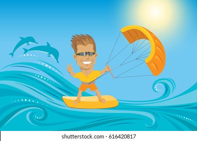 Kite surfing. Man in sunglasses, waterboard on summer sea with two dolphins - vector editable illustration. Extreme sport concept for poster, banner, card. 