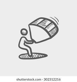 Kite surfing sketch icon for web and mobile. Hand drawn vector dark grey icon on light grey background.