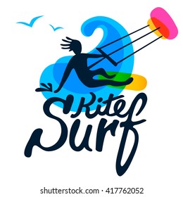 Kite Surfing. Kite Surfer On Surfing Board With Kite, Wave And Seagull On White Background, Logo Vector Template. Cartoon, Flat Style, Silhouette, Lettering.