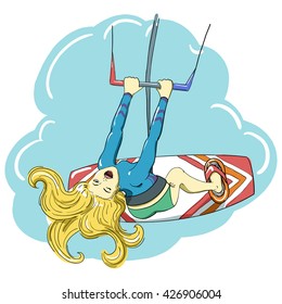 Kite surfing vector girl. Girl jumping on kite board. Blond winking young girl on kite board. Bright kite surf stunt illustration. Cartoon woman on kite board. Extreme water sport illustration.