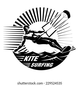 Kite Surfing. Vector Illustration In The Engraving Style