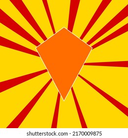 Kite symbol on a background of red flash explosion radial lines. The large orange symbol is located in the center of the sun, symbolizing the sunrise. Vector illustration on yellow background