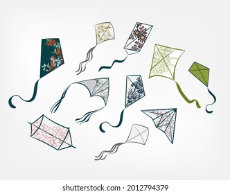 kite traditional geometric kimono card background vector sketch illustration line art japanese chinese oriental