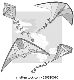 Kite. Vector illustration of colorful kite and clouds in the sky.