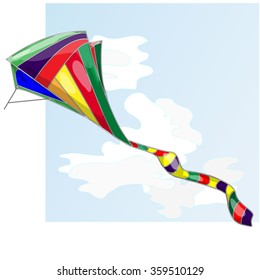 Kite. Vector illustration of colorful kite and clouds in the sky.