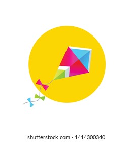 Kite vector illustration. Flat kite icon. Colorful kite flying in the sky.  Summer, sun, wind, happiness symbol. Makar Sankranti festival.
