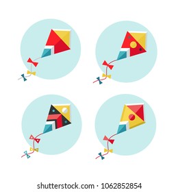 Kite vector illustration. Set of flat kites icons. Red kite in the sky. Freedom concept.