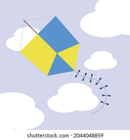 Kite vector illustration, traditional child's toy. Flat design style. Blue sky with clouds.