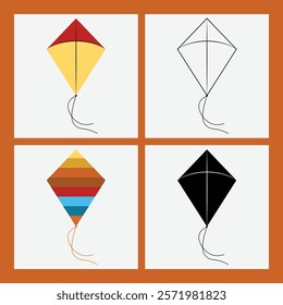 Kite Vector Pack - Color Kite, Outline, Vintage and Silhouette