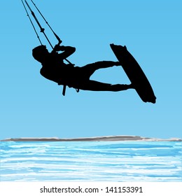 Kiteboarder aerial jump silhouette on a water and blue sky background.