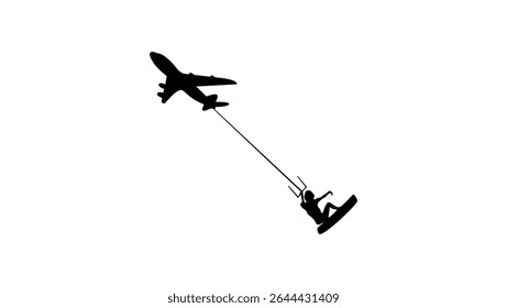 kiteboarder with airplane, travel logo , black isolated silhouette