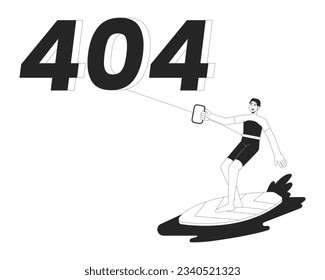 Kiteboarding black white error 404 flash message. Watersport recreation. Surfer riding with kite. Monochrome empty state ui design. Page not found popup cartoon image. Vector flat outline illustration