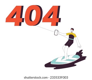 Kiteboarding error 404 flash message. Watersport recreation. Surfer riding with kite. Empty state ui design. Page not found popup cartoon image. Vector flat illustration concept on white background