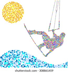 Kiteboarding Jump. Extreme Sports. Illustration Confetti in the shape of a Man, Waves and Sun. Vector EPS10.