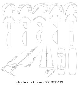 Kiteboarding oder Kitesurfen. Detaillierte Illustration von Sportgeräten. Vielfalt der Drachen. 