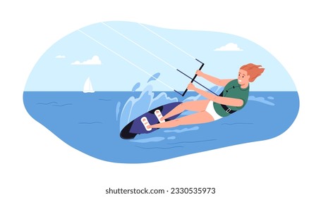 Kiteboarding, kitesurfing on water board. Happy woman kiteboarder riding, surfing in sea on summer holiday. Extreme sport activity. Flat graphic vector illustration isolated on white background