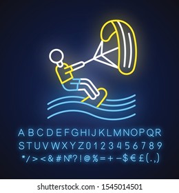 Kiteboarding neon light icon. Watersport, extreme kind of sport. Summer beach activity. Catching wave and power of wind. Glowing sign with alphabet, numbers and symbols. Vector isolated illustration