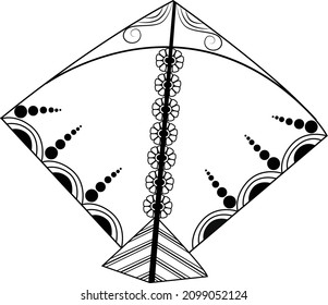 KITE(patang) CREATIVE LINE ART DRAWING VECTOR ILLUSTRATION. Artistic line drawing kite vector illustration with fine henna design floral pattern illustration isolated on white background for screen pr