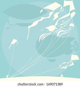 Kites, blimps and person with bicycle. Vector illustration.