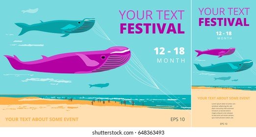 Kites in blue whale shape in a beach with walking people. Templates.