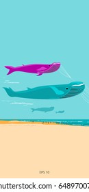 Kites in blue whale shape in a beach with walking people