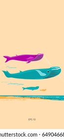 Kites in blue whale shape in a beach with walking people