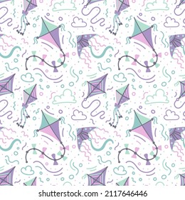 Drachen und Wolken doodle Illustration. Handgezeichnete Kinder pastellfarben nahtloses Muster.  Cute Hintergrund für Kinderdekor, Tapete, Wrapper, Textil, Stoff, Verpackung