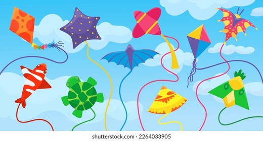 Cometas en las nubes, cometas de papel de origami vuelan en el cielo azul. Antecedentes del festival Makar sankranti. Niños de verano juego divertido al aire libre, pancarta de vector de libertad neoterica