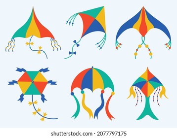 Kites collection of vector icons. Hand-drawn colored doodles. Paper toys for children decorated with bows, beads, ribbons. Bright cartoon elements for the Makar Sankranti festival. Flat illustration.