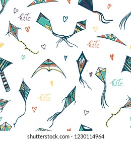 Kites hand drawn vector background. Flying kite toys seamless pattern.