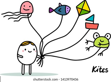Kites hand drawn vector illustration in cartoon style. Happy kid standing with different toys