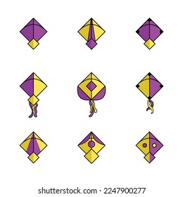 Ilustración del vector de icono de cometas | Makar Sankranti Vector Set  | Conjunto editable de vectores de cometas | Juego de iconos de kites indios