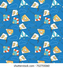 Kites like birds seamless pattern. Vector background with flying colorful toys and clouds. 