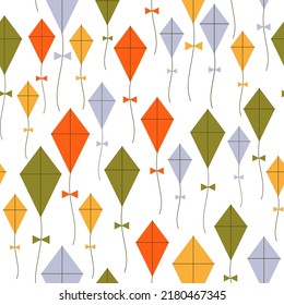 Kites minimalist seamless pattern. Flying kites background. Bright color vector illustration.