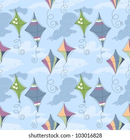 Kites over blue sky seamless pattern